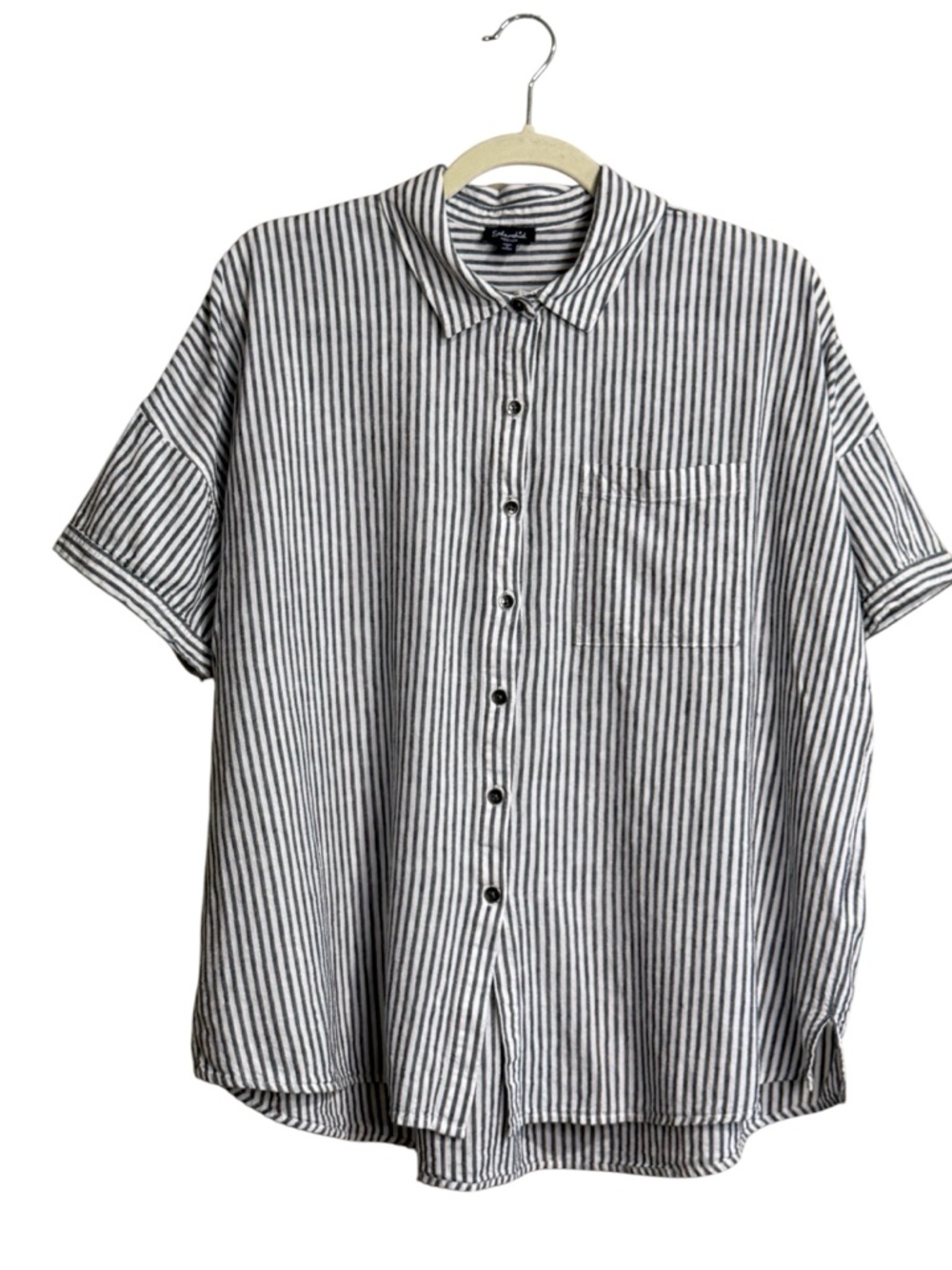 Splendid Linen blend Short-Sleeve Button-Down Shirt - Gray & White Stripes - Picture 2 of 7